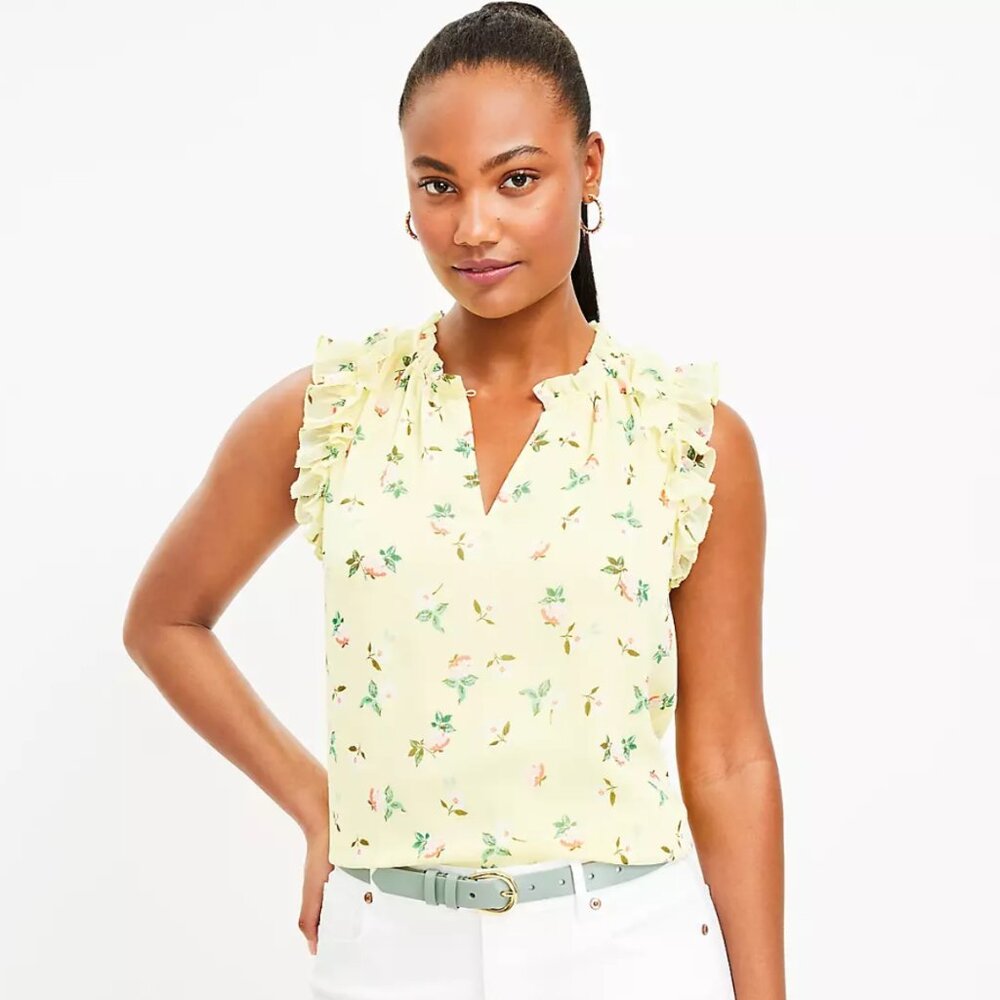 Loft Floral Ruffle Split Neck Sleeveless Blouse